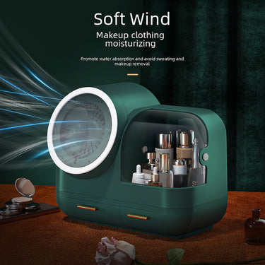 LED Makeup Organizer – 360° Mirror, Dust Cover & USB Soft Wind Tech